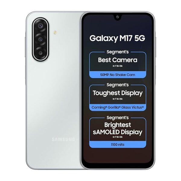Samsung Galaxy M17 5G (Moonlight Silver, 6GB RAM, 128GB Storage)| 50MP OIS Triple Camera| Gorilla Glass Victus| IP54 Rating| 6 Gen of OS Upgrades| AI| Circle to Search| Gemini Live| Without Charger