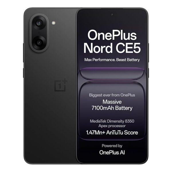OnePlus Nord CE5 | Massive 7100mAh Battery | MediaTek Dimensity 8350 Apex | Powered by OnePlus AI | 8GB + 128GB | Black Infinity